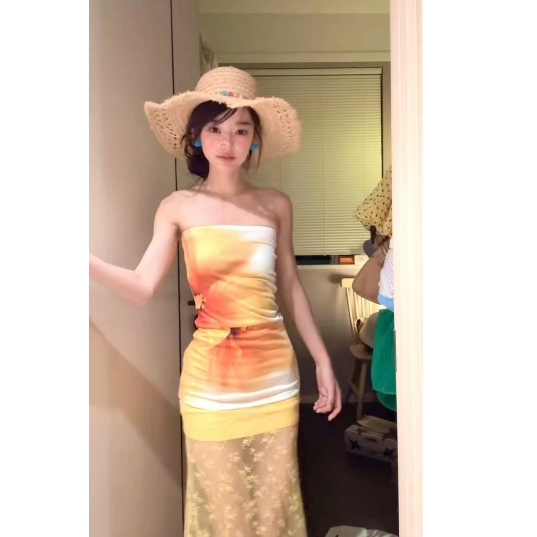 纯欲性感黄色印花抹胸连衣裙女夏日绝美海边度假网纱包臀鱼尾裙子