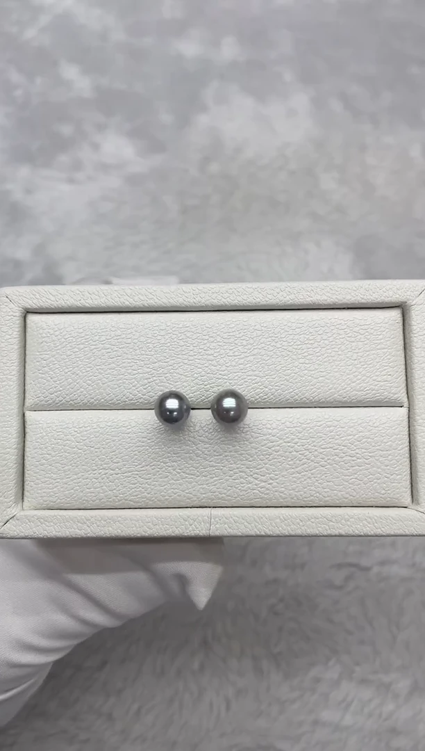 银S925镶嵌耳钉海水珍珠AK真多麻素钉7.5-8mm