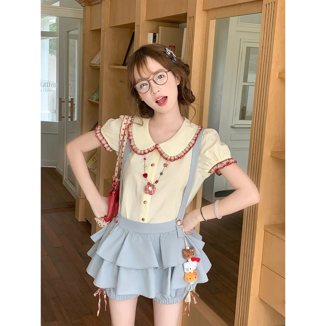 杏糖海盐 sinsingirl  奶黄色+浅蓝色背带裙 上衣+背带裙