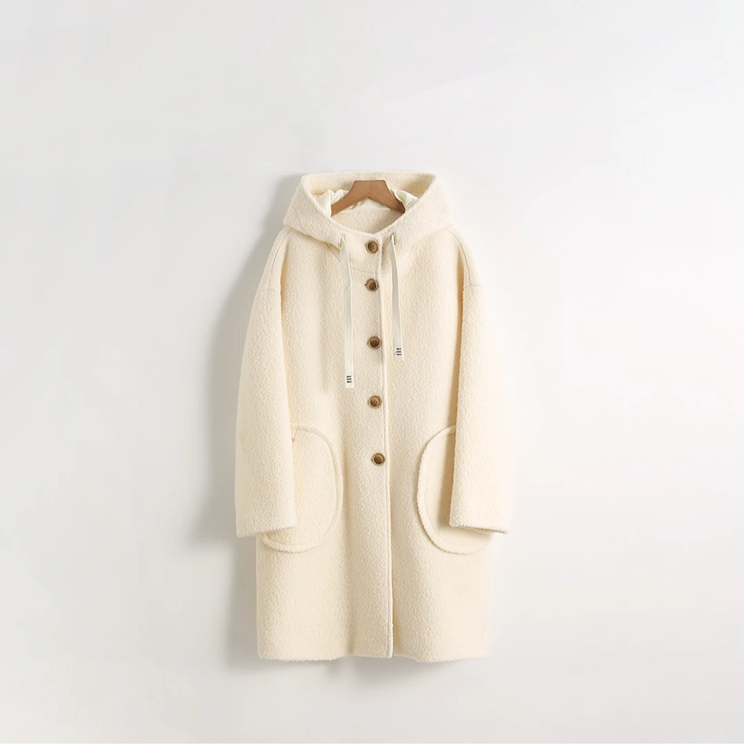 【KAXI RON】羊羔毛连帽羊毛大衣外套气质设计师长款加厚宽松冬季