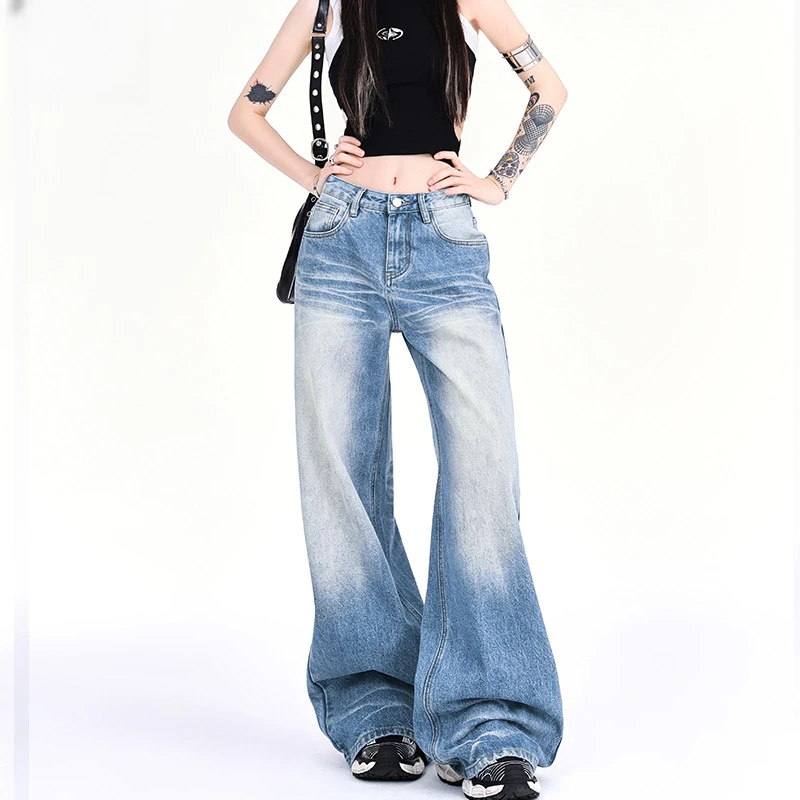 美式复古阔腿牛仔裤女新款辣妹宽松显瘦垂感直筒拖地长裤