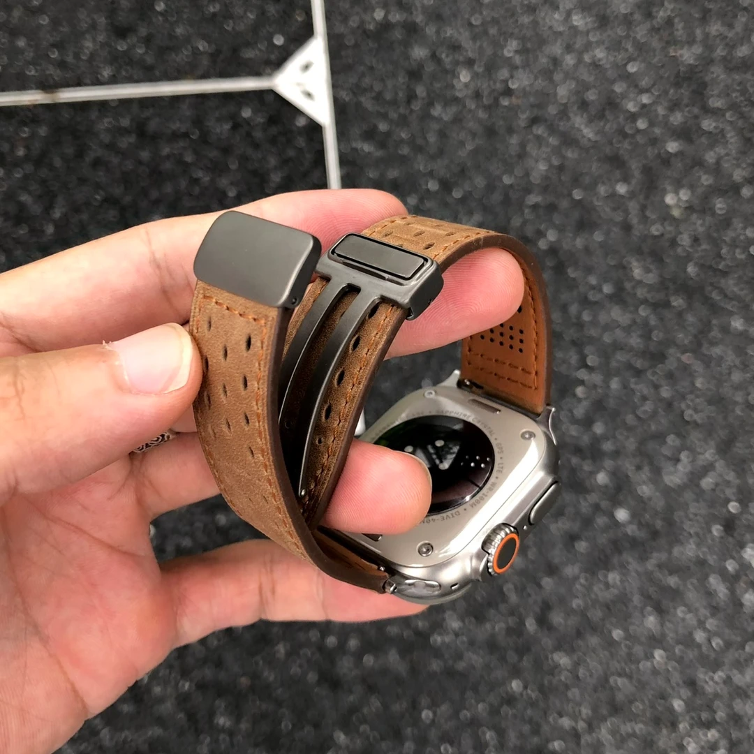 卡客风暴 钛合金扣适用苹果iwatch手表表带磁吸s10透气疯马皮987