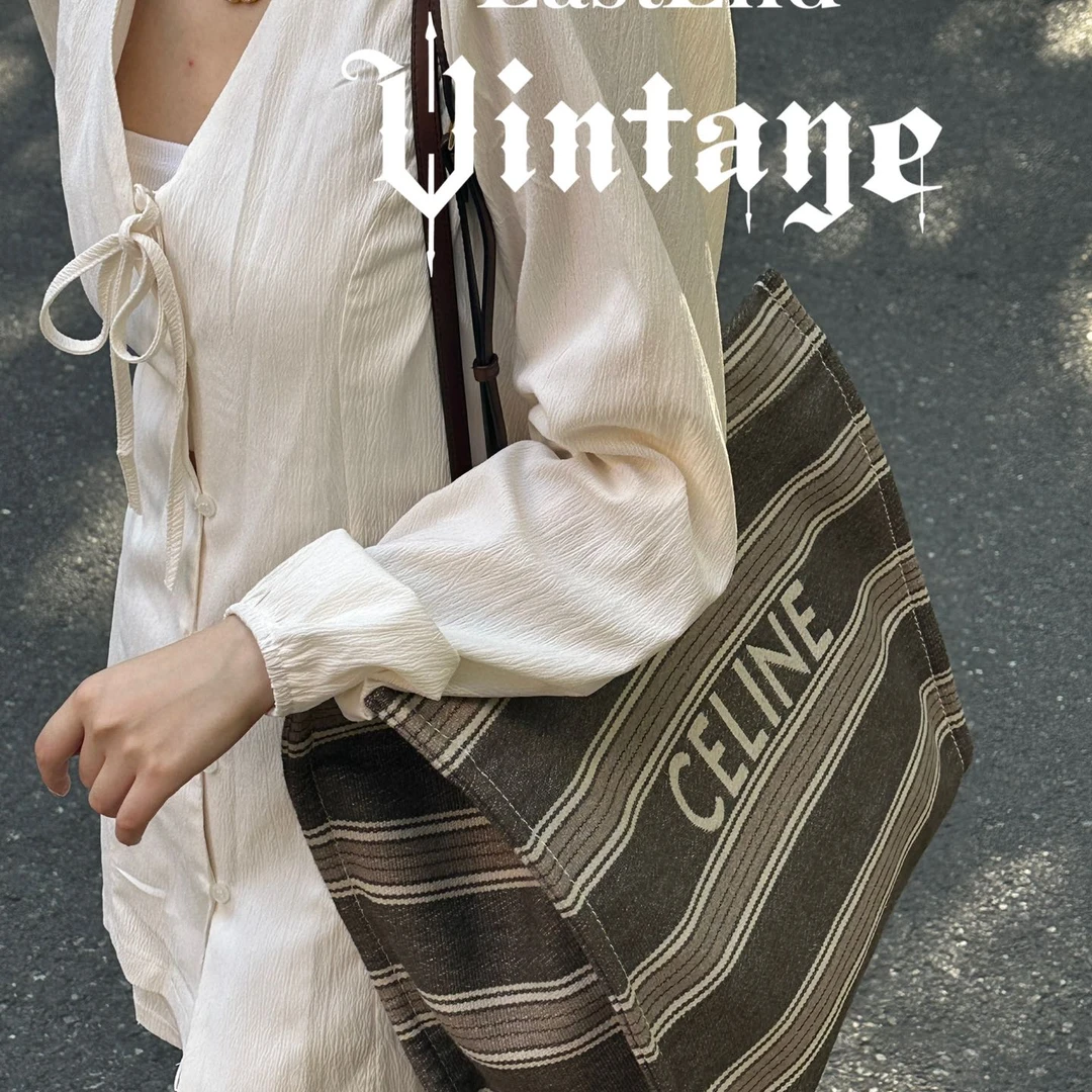 95新 Celine/思琳 東区-条纹帆布沙滩大托特单肩包/02666