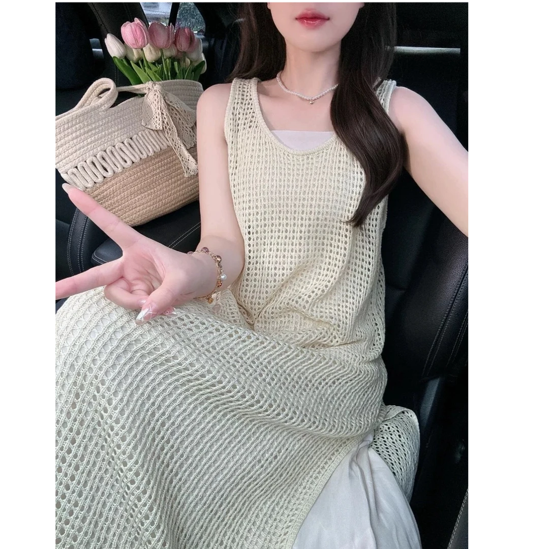 法式镂空侧高开叉叠穿时尚气质防晒针织背心裙女