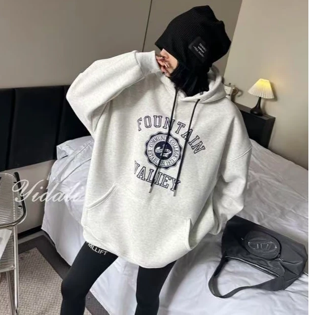 大码秋冬季新款韩系套头连帽卫衣女气质宽松遮肉显瘦灰色外套上衣