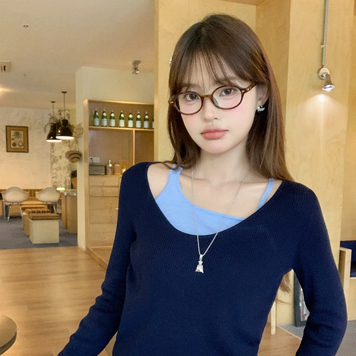 假两件针织打底衫女内搭修身2025秋季新款长袖T恤吊带上衣