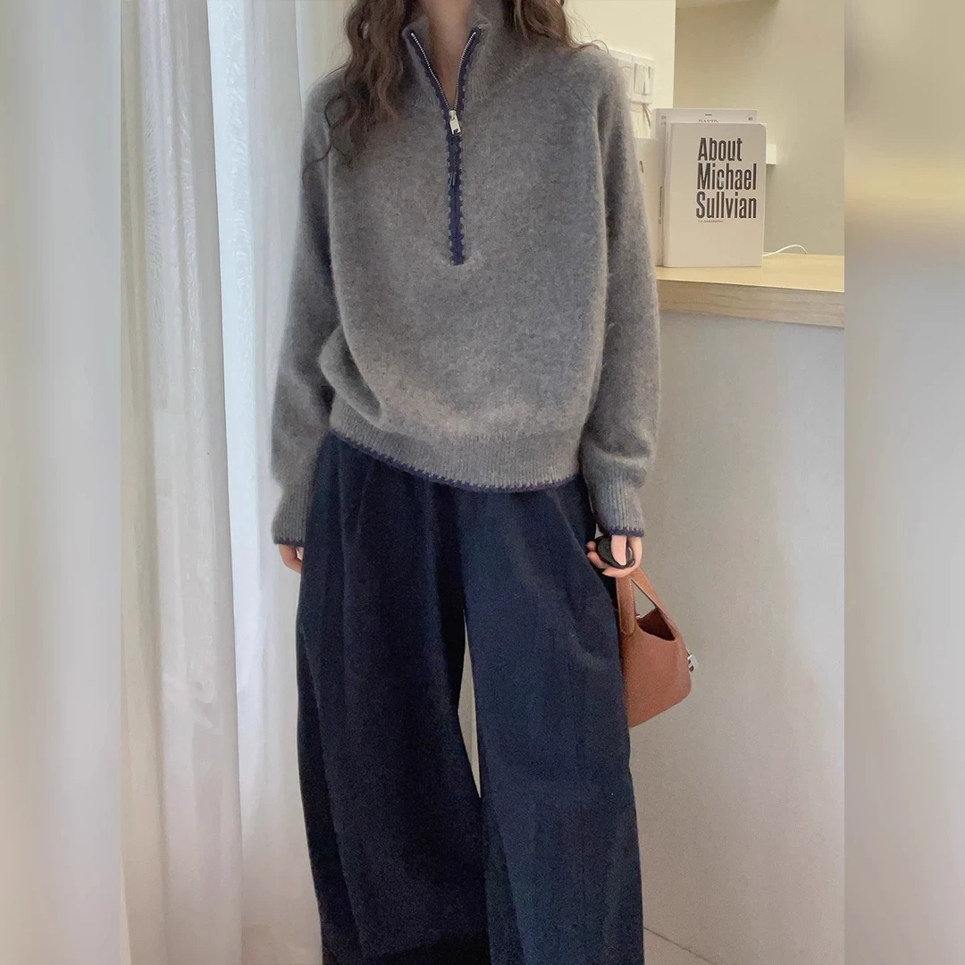 小众别致半拉链套头撞色软糯毛衣2025秋冬慵懒通勤百搭长袖针织衫