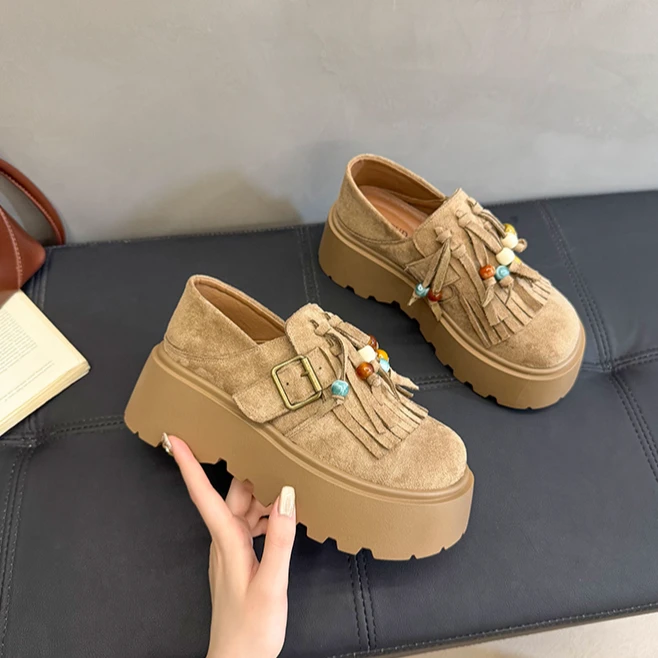 复古流苏爆款勃肯鞋女款秋季厚底增高女鞋2025新款小个子豆豆单鞋