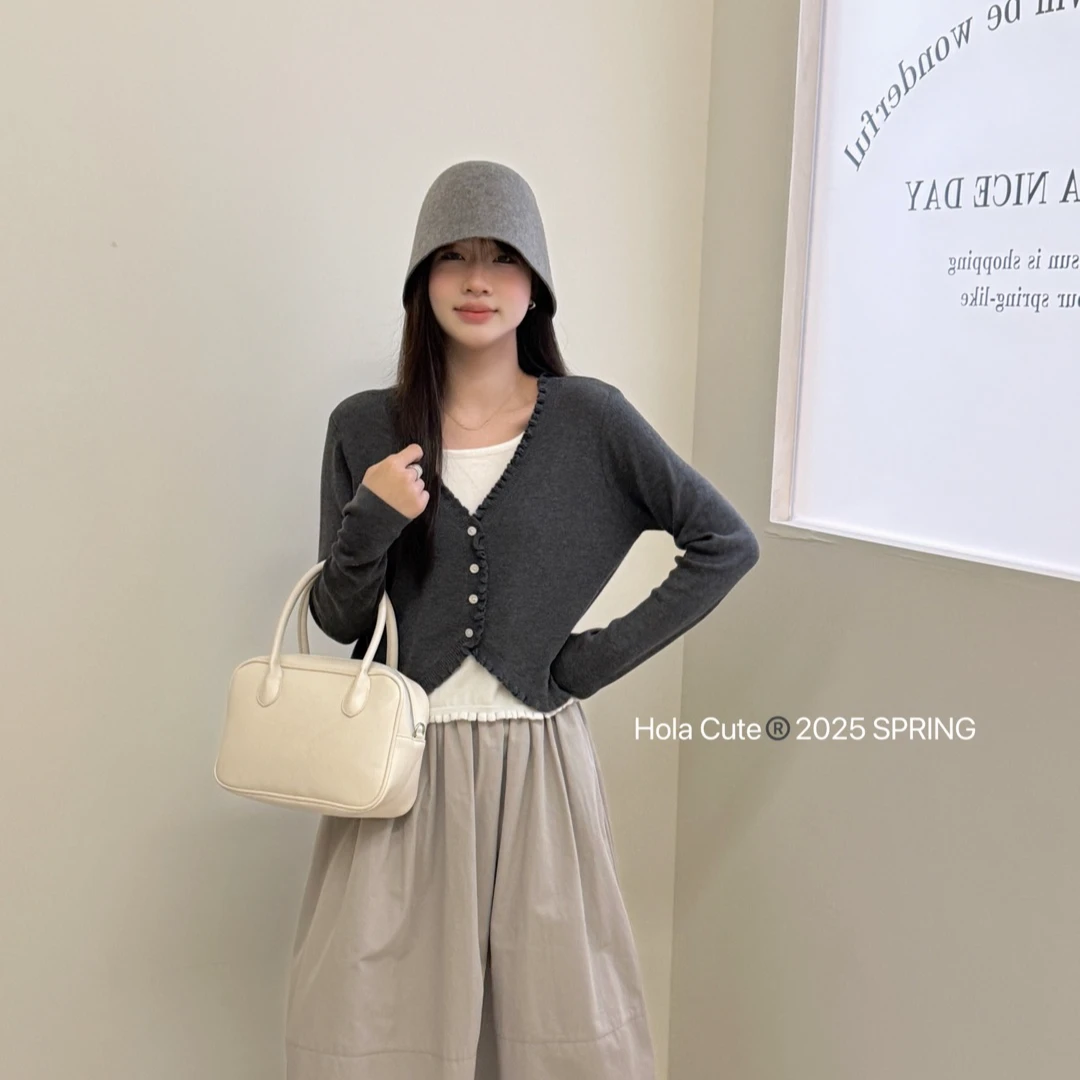 【2613-hola】韩版慵懒风假两件长袖针织衫时尚百搭