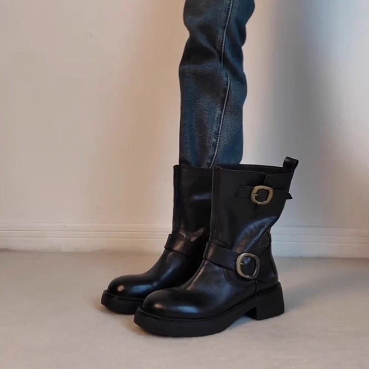 牛皮版~复古风皮带扣机车靴女新款厚底圆头显瘦马丁靴西部牛仔靴