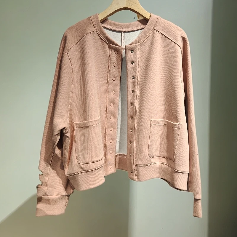 二姐~欧韩纯色休闲风插肩袖短外套单排扣秋季落肩袖女