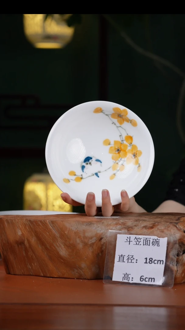 瓷片景德镇高温釉中彩斗笠面碗直径18高6
