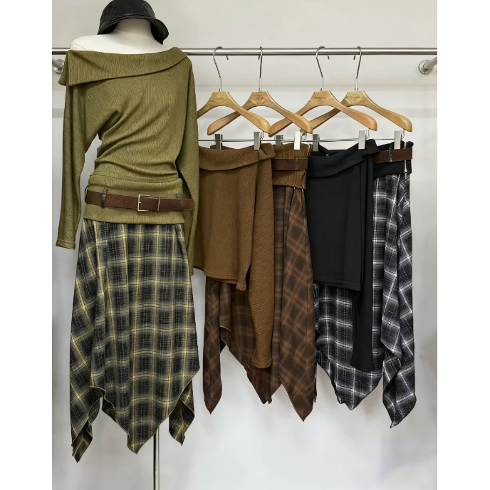 新款法式轻熟风一字肩长袖女修身显瘦打底内搭小众上衣半裙套装