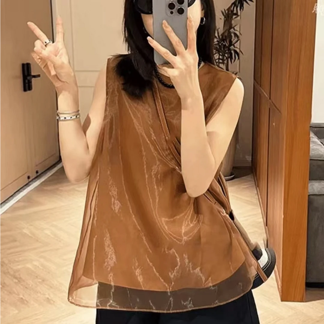 X25319夏季新款时尚韩版圆领百搭无袖衬衫女拼接网纱上衣ins风