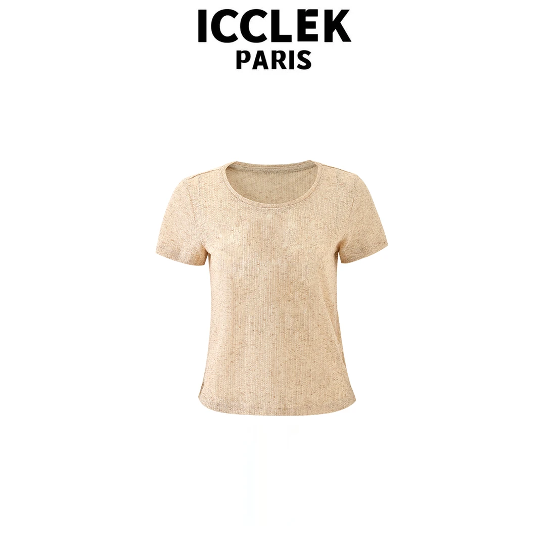 ICCLEK 杏色素板圆领手绣短袖T恤百搭通勤宽松显瘦气质上衣 -5703