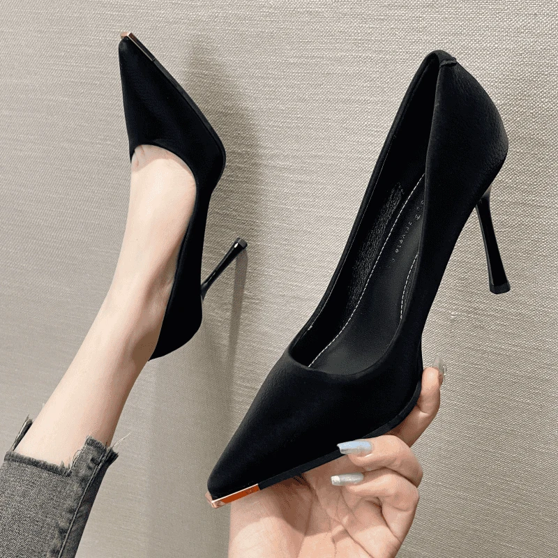 黑色高跟鞋女2025新款春季浅口尖单鞋性感细跟气质名媛通勤职业鞋