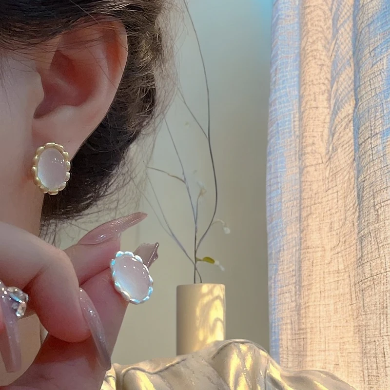铜合金耳饰 925银【猫眼月华】小众复古几何花边耳钉轻奢气质名媛风