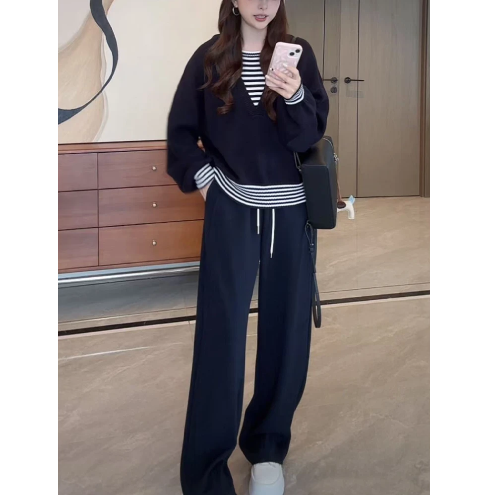 韩系减龄穿搭一整套女2025秋新款条纹拼接上衣休闲裤时尚气质套装