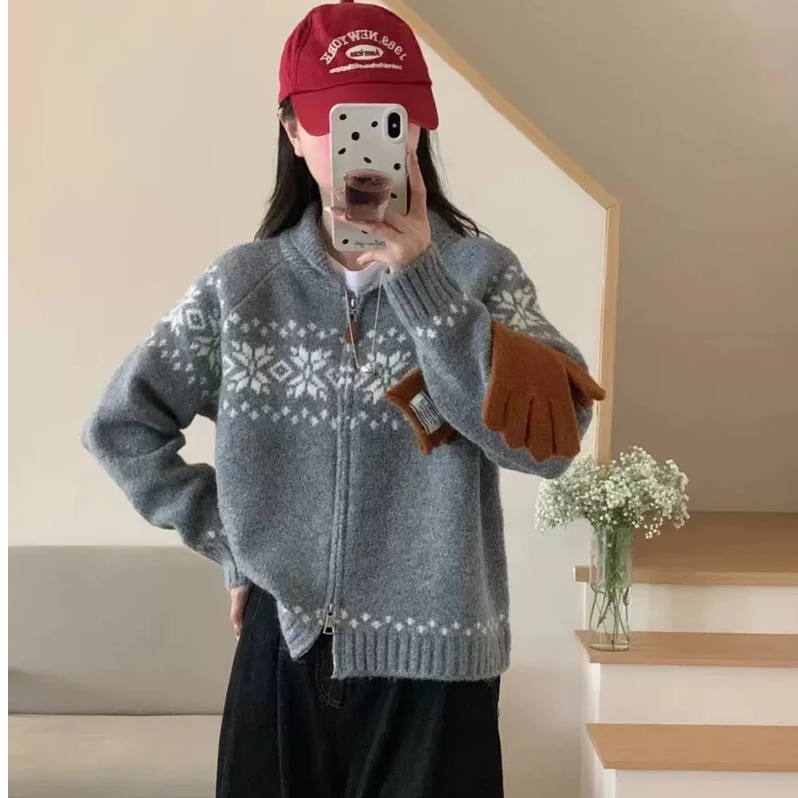 复古费尔岛小翻领开衫毛衣外套女秋冬新款慵懒外穿提花针织衫上衣