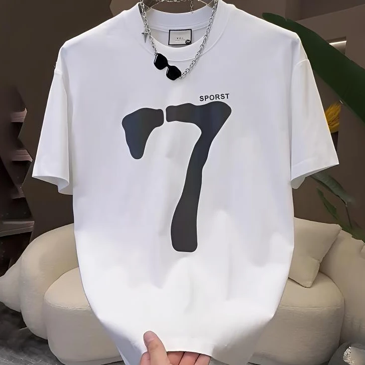 2025新款白色纯棉简约大气男士短袖T恤印花美式修身纯棉t恤男上衣