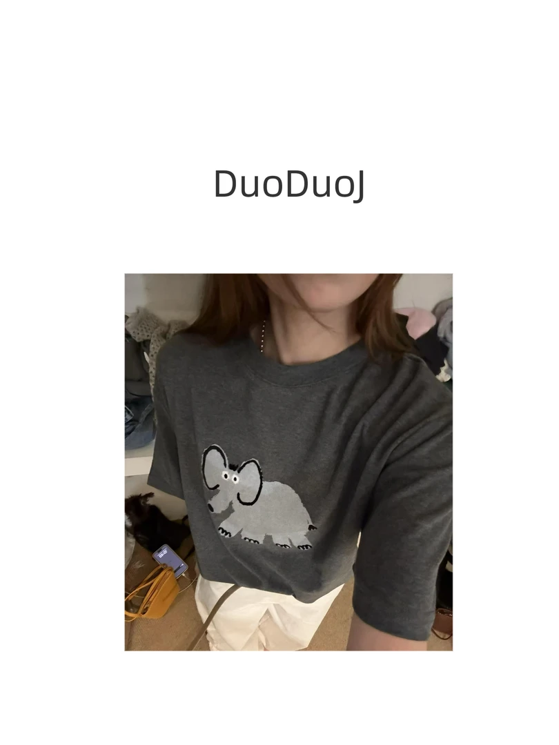 【DuoDuoJ】【大象7623】秋款韩系休闲百搭圆领卡通印花短袖T恤