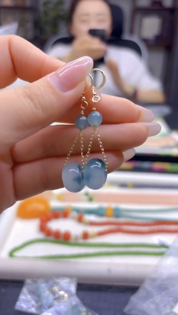 14K金镶嵌翡翠耳饰DIY款E764