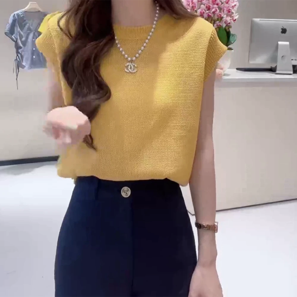 新款夏季纯色针织短袖百搭简约上衣透气显瘦