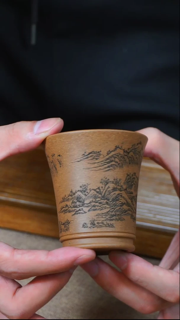 茶杯紫砂南柯记全手刻老段敞口山水杯