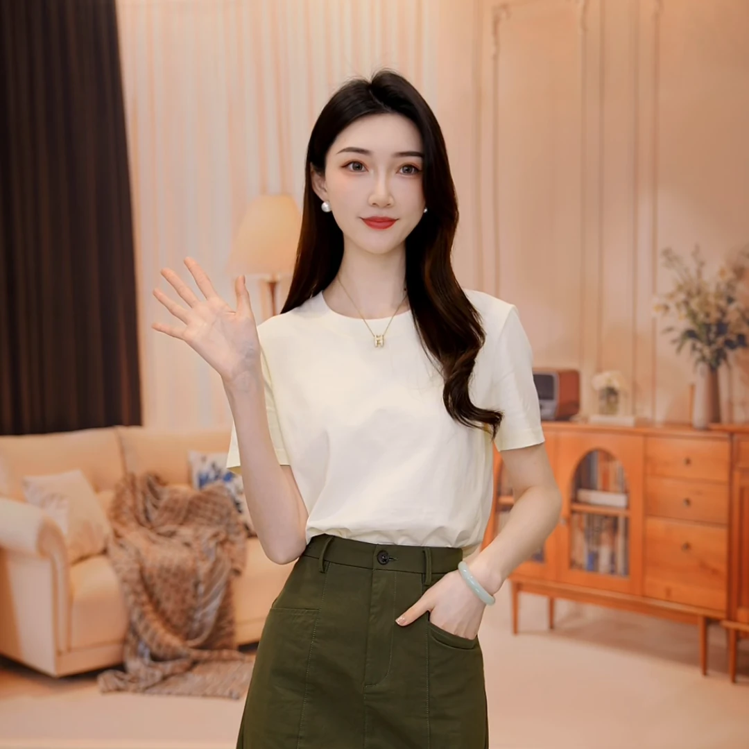 【欧若智性风】茵曼夏季新款T恤短袖休闲圆领潮流时尚纯色百搭上衣