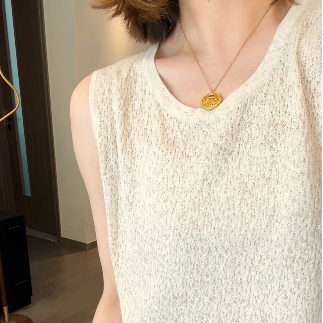 Art li通勤百搭天丝亚麻设计感小众肌理感镂空针织无袖背心9568