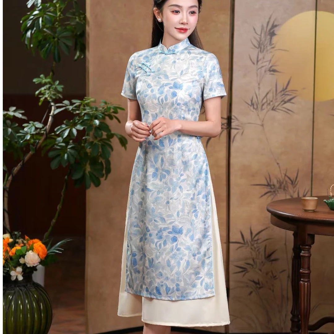 {蓝叶子}薄款新中式奥黛提花中国风复古低领日常气质