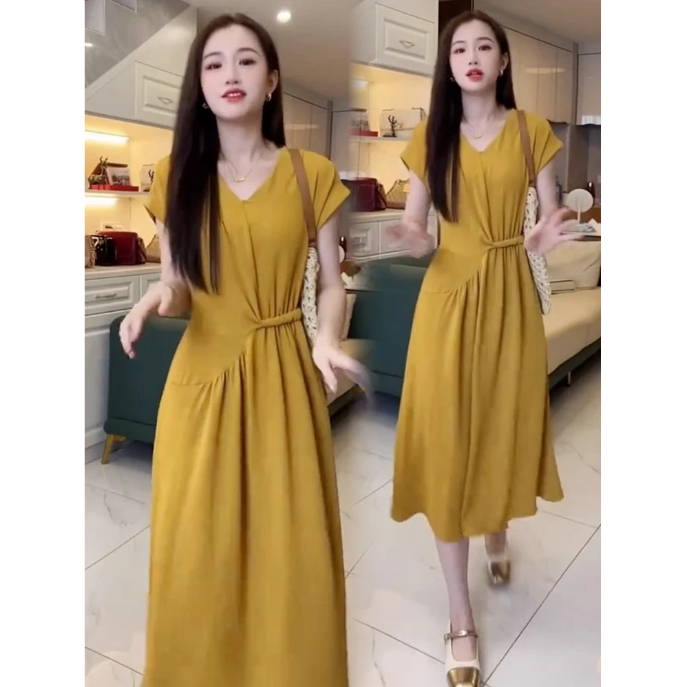 时尚设计感连衣裙女2025夏季新款韩版显高显瘦中长裙气质大摆裙潮