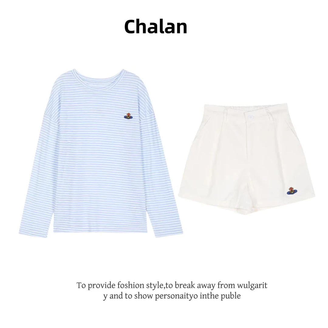 CHALAN姹蓝 蓝条纹土星刺绣休闲套装小清新两件套