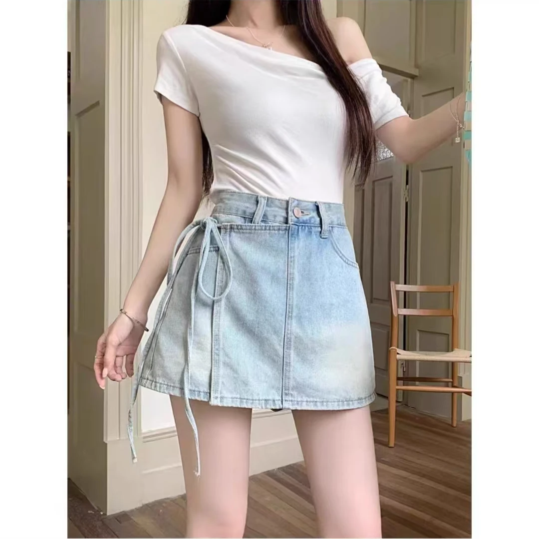 【柚柚】夏季大码显瘦弹力高腰胖mm牛仔短裤女防走光a字裙裤66678