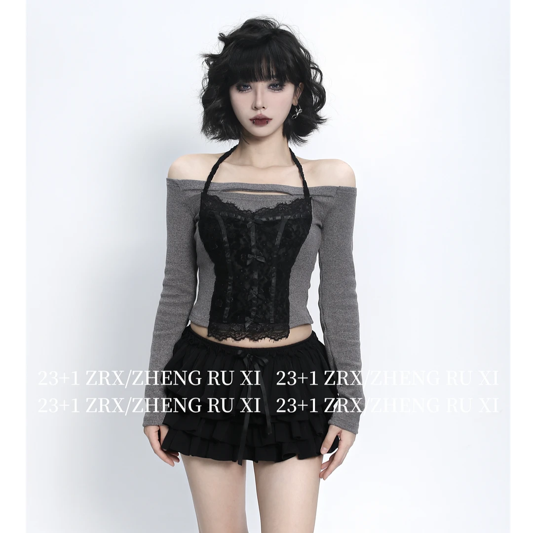 付新博女装假两件蕾丝拼接T恤女美式辣妹小众一字肩短款上衣13670