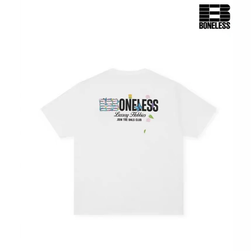 BONELESS花卉刺绣印花短袖T恤夏季圆领宽松设计感潮牌体恤情侣装