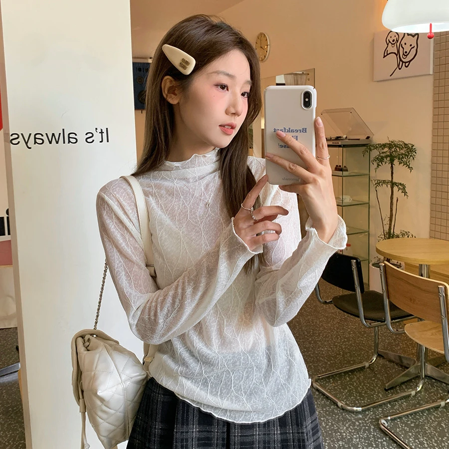 2025新款新款木耳边半高领蕾丝网纱打底衫内搭女春秋温柔气质叠穿