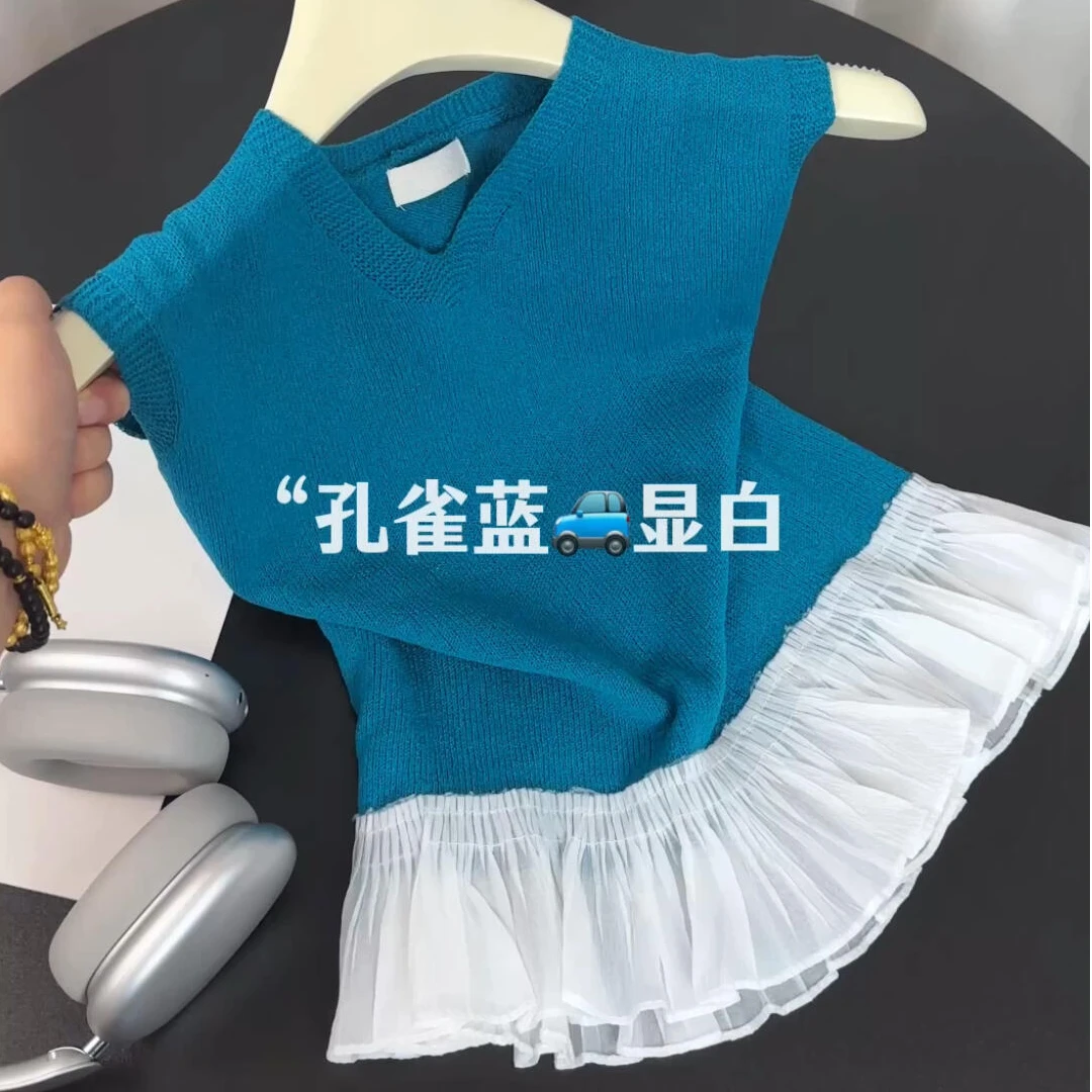 孔雀蓝蕾丝下摆拼接针织无袖T恤女夏季新款韩系ins风显瘦别致上衣
