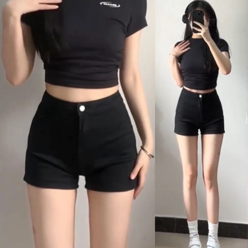 牛仔短裤女高弹力夏季高腰黑色显瘦辣妹a字热裤性感紧身包臀ins潮