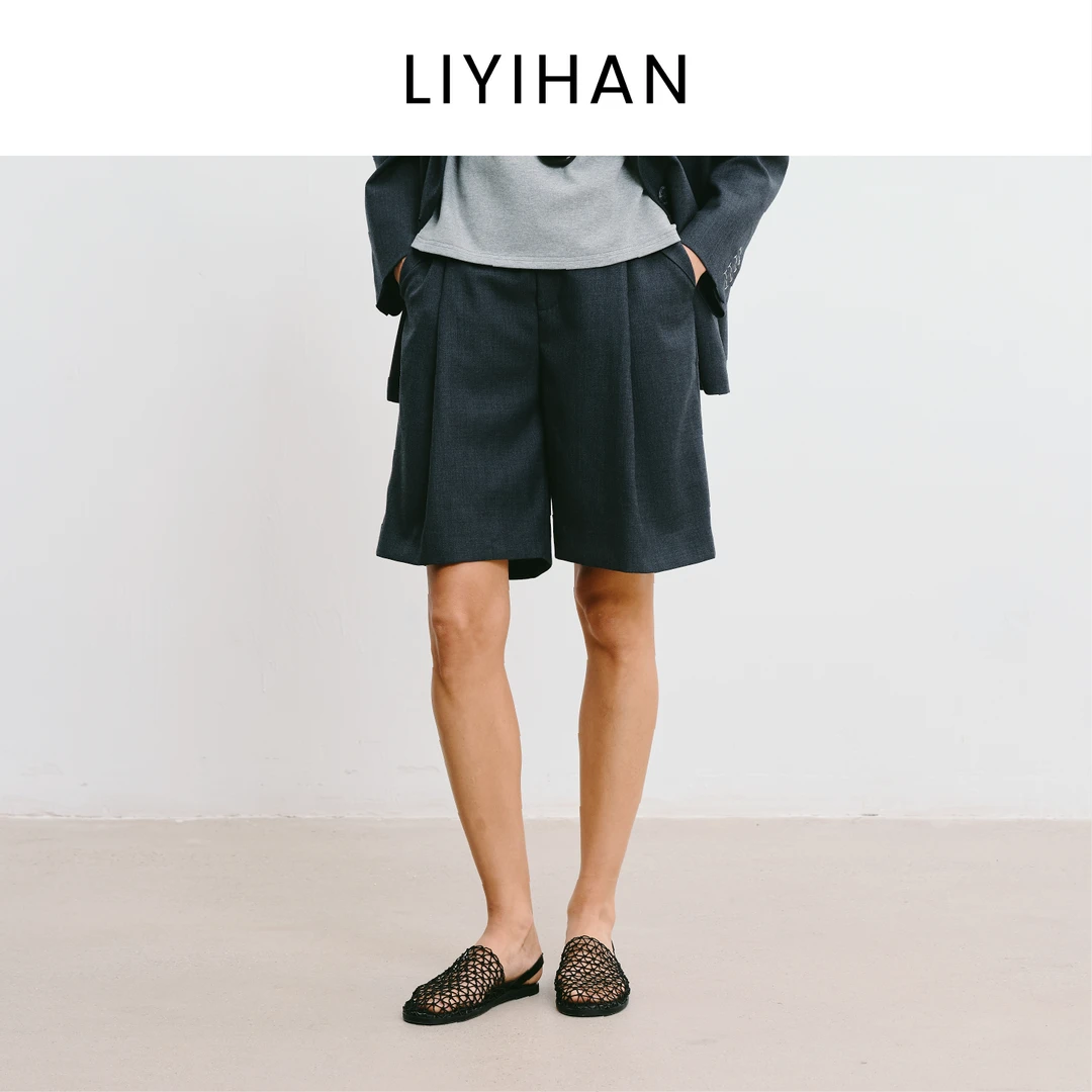 LIYIHAN林中路 2025秋新款通勤羊毛直筒西装短裤灰色女小众设计