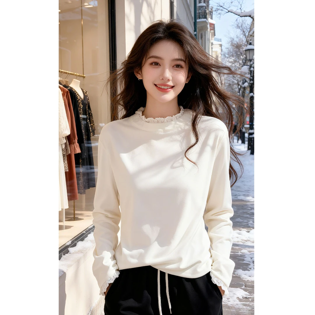 双面澳绒蕾丝边打底衫女秋冬加厚法式半高领显瘦内搭长袖T恤上衣