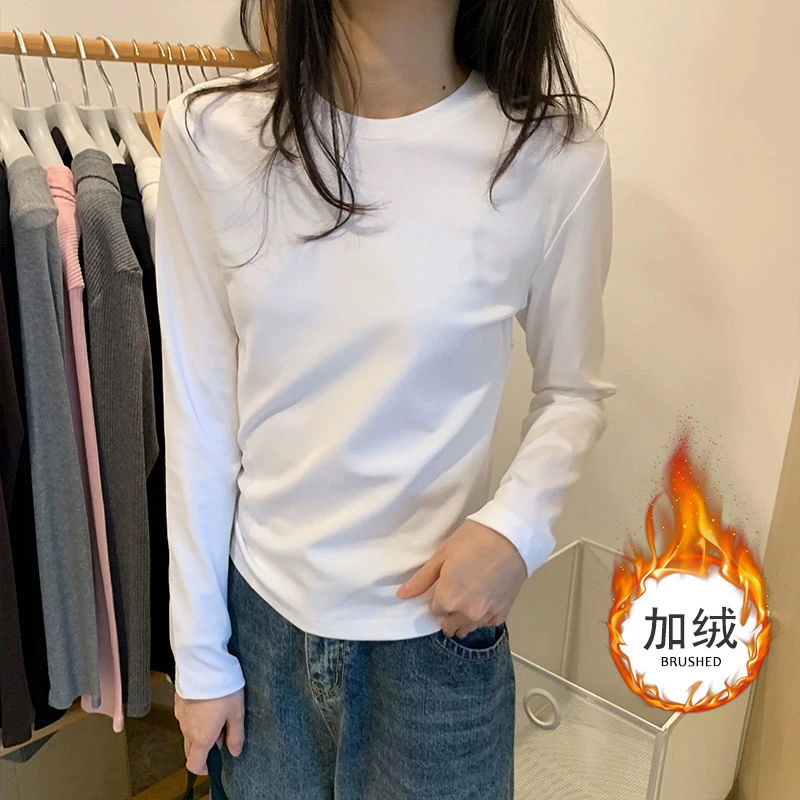 2026春季新款t恤女正肩长袖内搭外穿加绒打底衫欧货修身洋气上衣