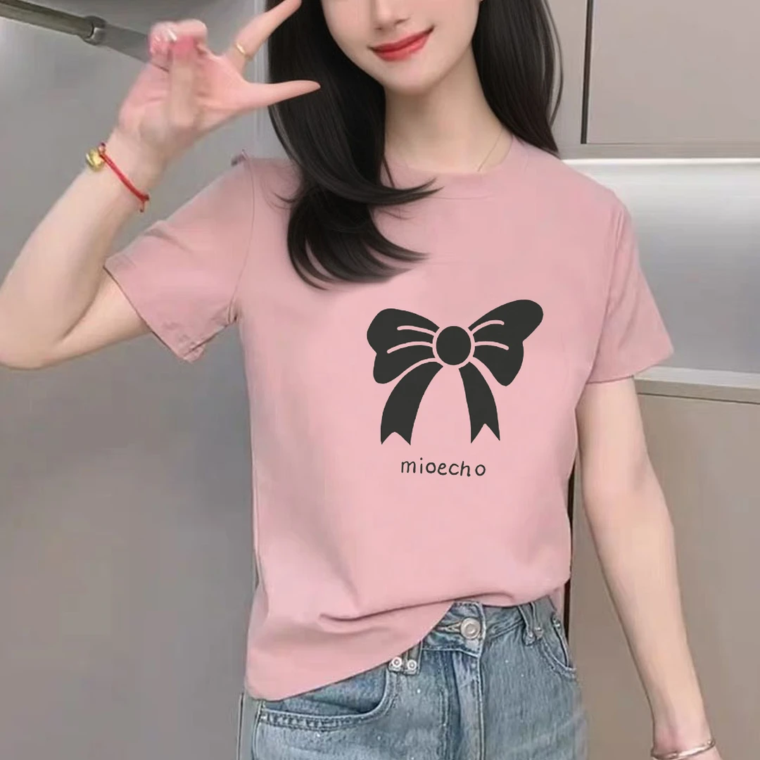 新款圆领印花正肩短袖t恤女修身显瘦韩版百搭半袖上衣