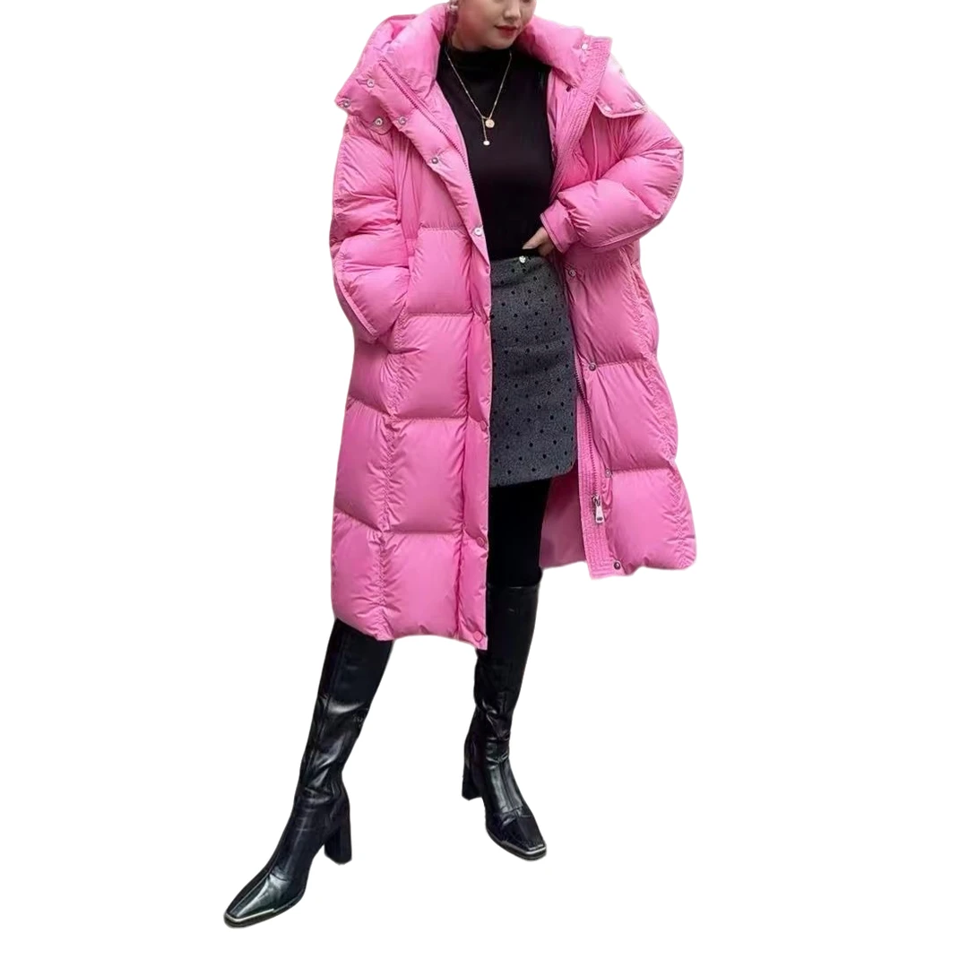 【洋玉服饰】冬季新款时尚连帽宽松加厚国标90白鸭绒长款女羽绒服