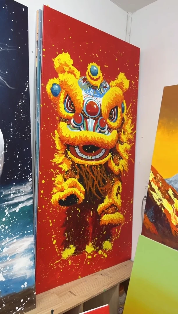 丙烯画人**笃大树老师醒狮加框