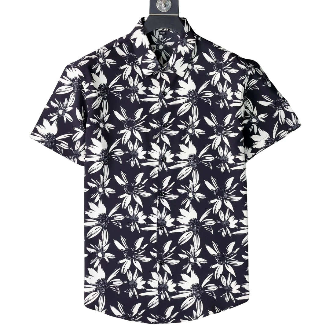 2025新款休闲太阳花印花高端男士衬衫潮流时尚百搭垂感薄短袖衬衣