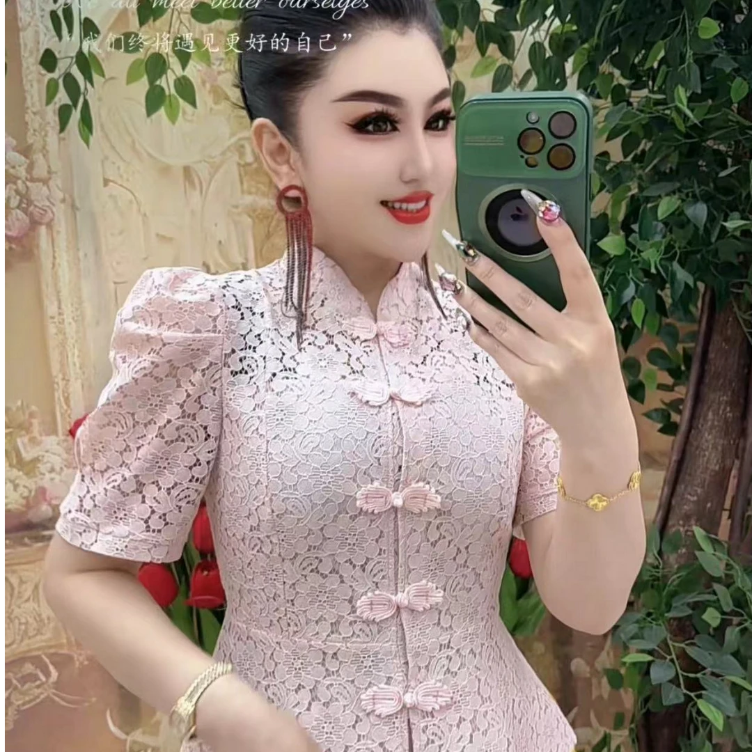 12607 重工蕾丝时尚修身衫+半身裙两件套