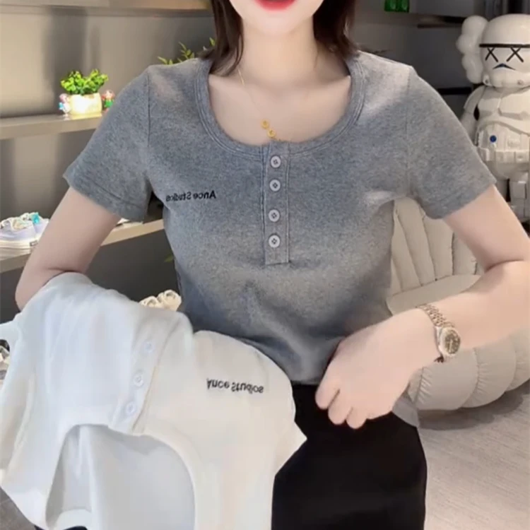 洋气短袖T恤女款爆款2025新款夏季半开圆领打底衫衣服显瘦内百搭