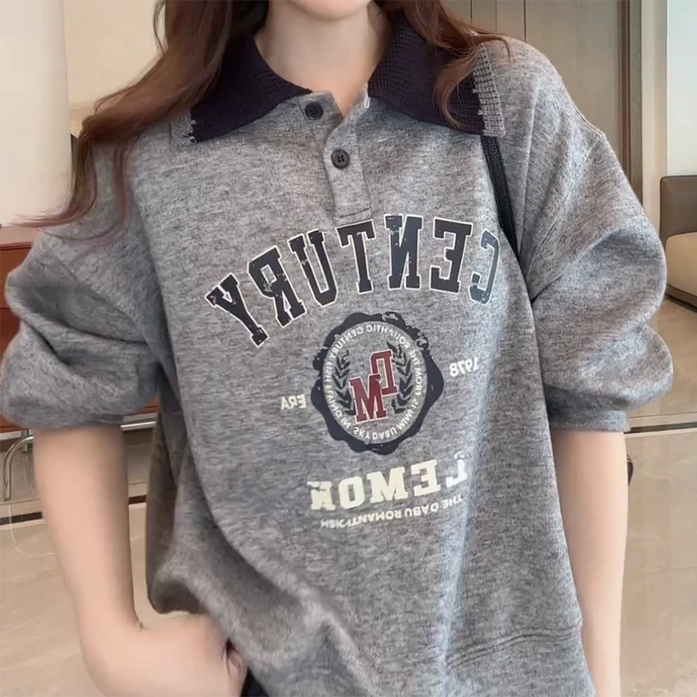 秋季美式复古宽松慵懒风设计感撞色翻领字母卫衣C6081