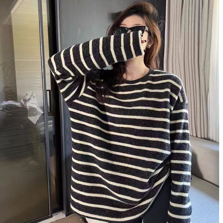 【春季新款】冬慵懒宽松显瘦长袖条纹t恤海盐奥利奥绒磨毛打底衫